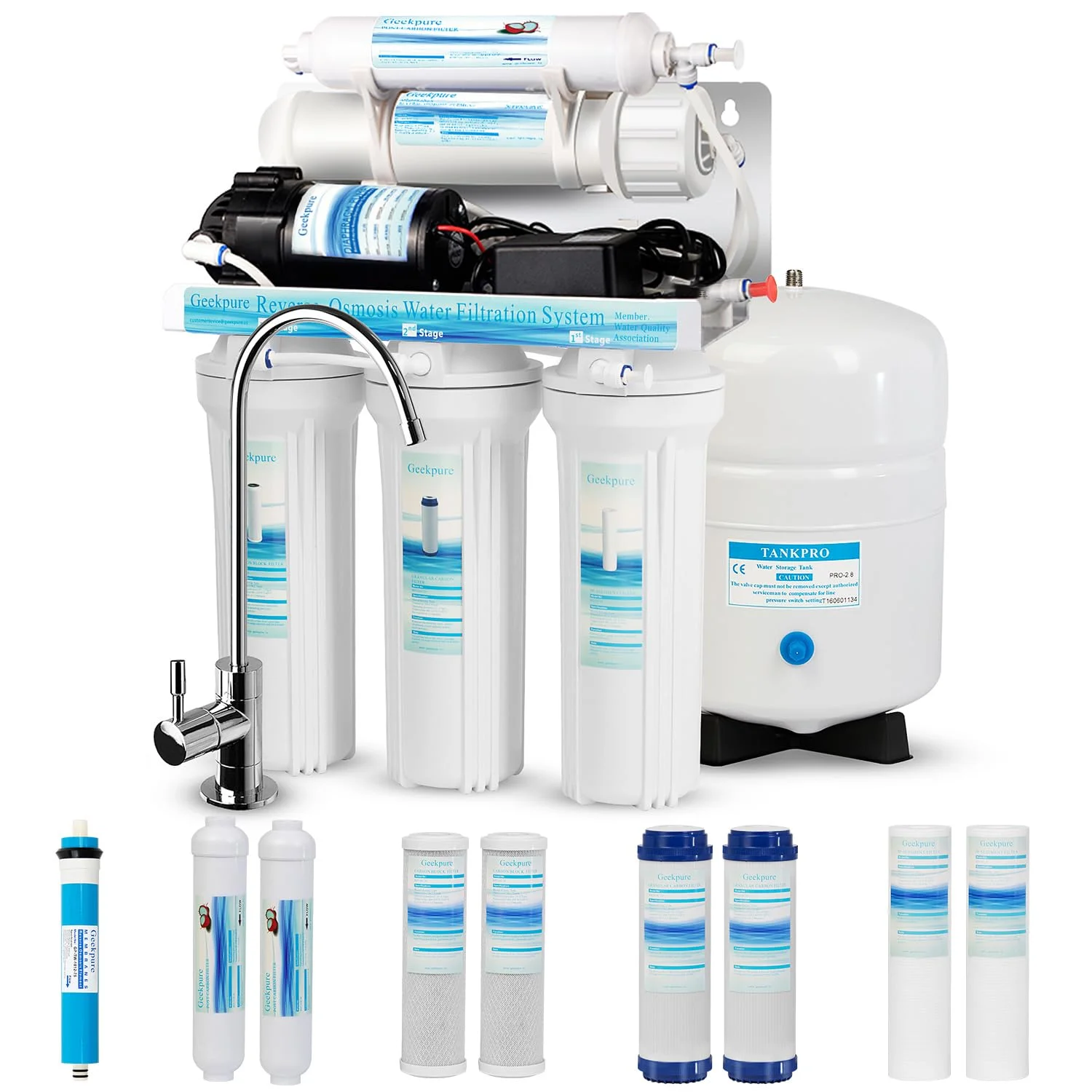 Geekpure 5 Stage Reverse Osmosis RO Drinking Water Filter System with Booster Pump and Extra 4 Filters-75GPD